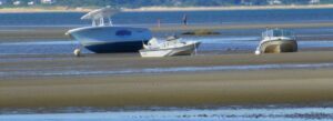 Boats resting on a sandbar in Cape Cod Bay during low tide while people walk in the distance.