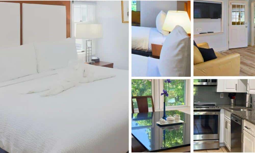 Bright bedroom, dining area, and kitchen inside a two bedroom cottage at Pleasant Bay Village Resort.