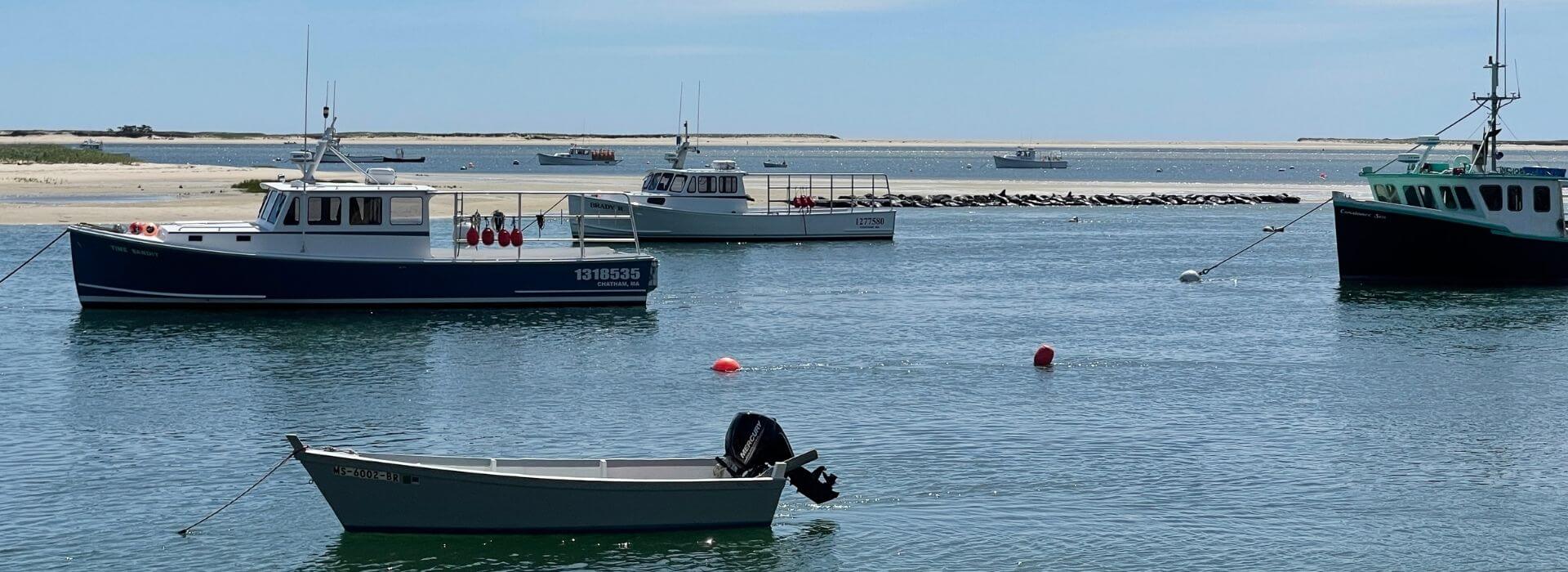 Fishing boats and seals on a sunny sandbar near Chatham Massachusetts on Cape Cod.