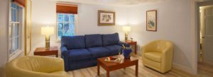 Bright cottage living room two large windows, blue sofa, two leather chairs and matching wood coffee and side tables.