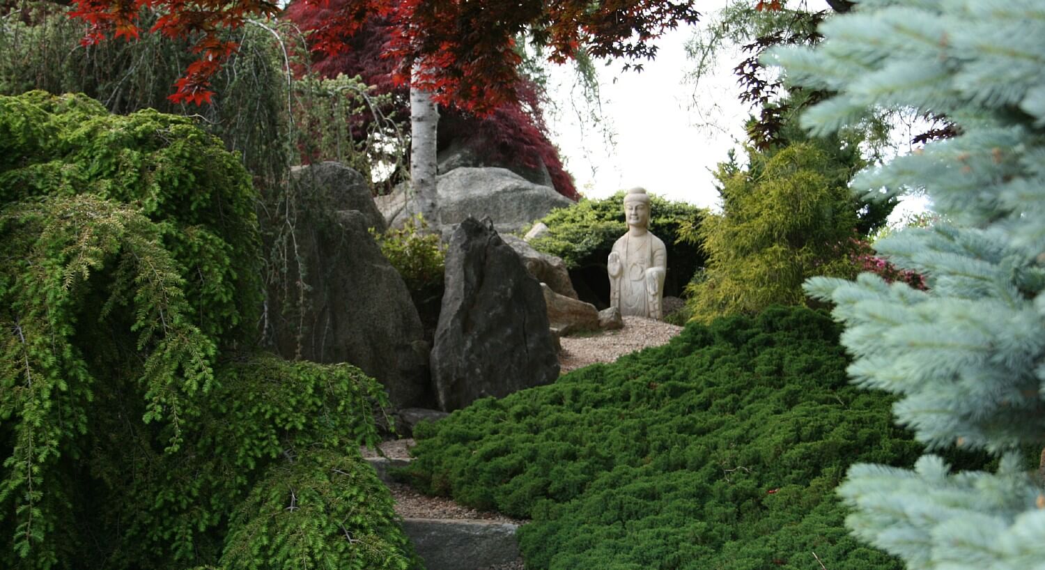 Large stone statue nestled in garden full of large rocks, green bushes and a tree with red leaves