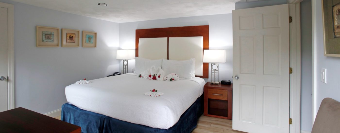 Bright bedroom with queen bed in white linens, wood nightstands & light wood colored flooring.