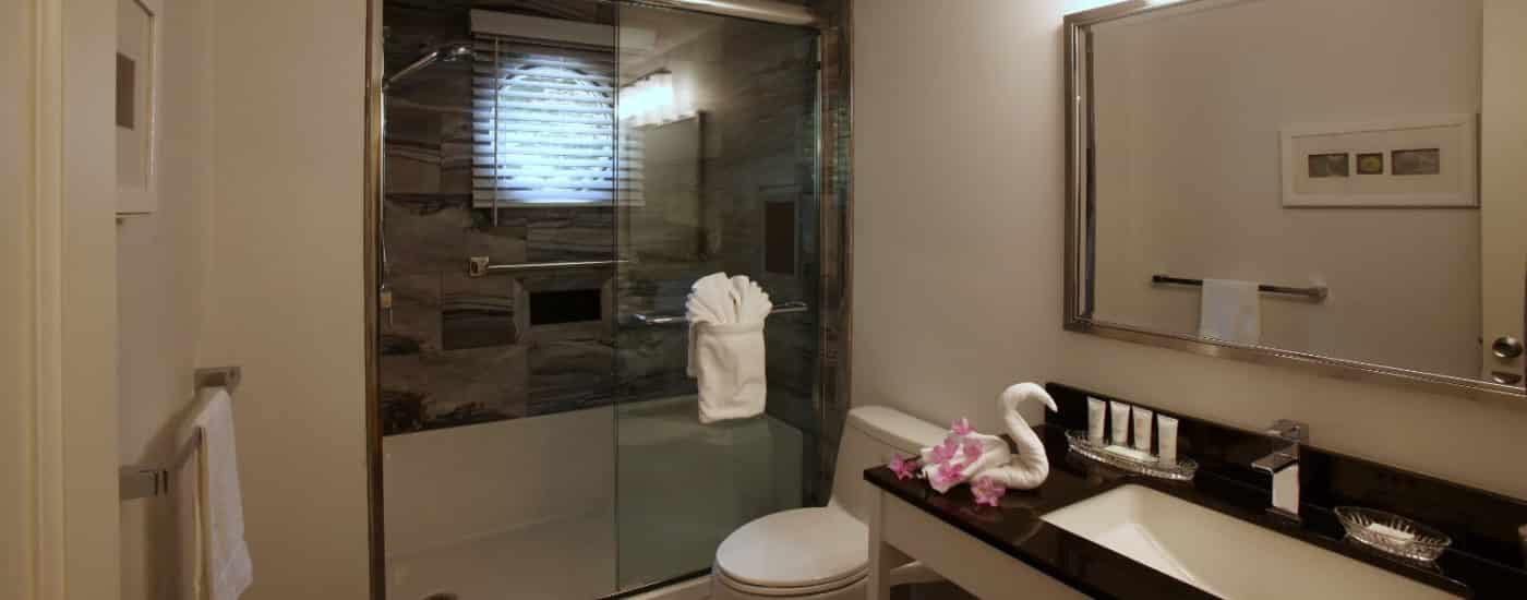 Bathroom with large walk in shower, glass doors and black grey tiled wall, black granite sink top and large mirror on wall