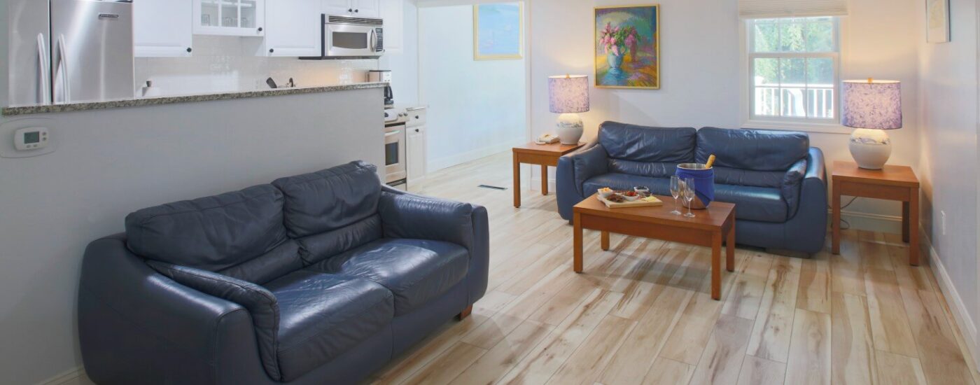 Kitchen and living area of a cottage with blue leather couches, coffee table, stainless steel appliances and granite countertops